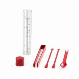A clear drink bottle with measurement markings, accompanied by red tools including a cap, tweezers, two stirring sticks, and a spoon.
