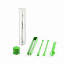 A drink bottle with a transparent body and a green lid, accompanied by green measuring tools and a branding logo.