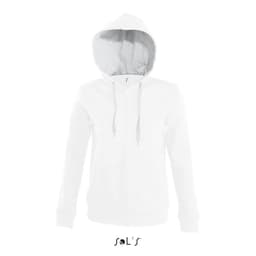 A white women's hoodie with a zip, featuring brushed fleece lining and a hood. It has a logo on it.