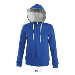 A blue hoodie with a grey brushed fleece lining, featuring a hidden zip and a logo.