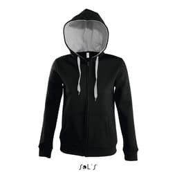 A women's hoodie in black with a grey-lined hood, featuring a zip closure and pockets. It has a logo on the front.