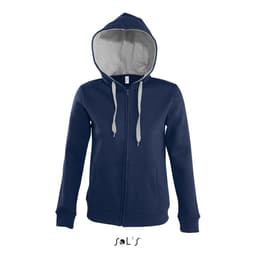 A navy hoodie with a grey lined hood, featuring a zipper and pockets. It has a logo.