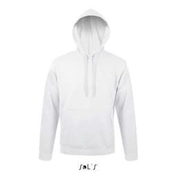 A white unisex hoodie made of 50% ringspun cotton and 50% polyester, featuring a fleece lining and a front pocket.