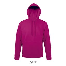 A unisex hoodie in vibrant pink with a fleece lining and a front pocket, featuring a logo.