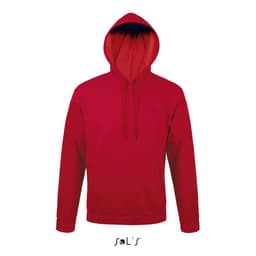 A unisex red hoodie with a fleece lining and a hood. Features a brand logo on the bottom.