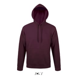 A unisex hoodie in deep burgundy with a fleece lining and a front pocket. It features a hood and has a logo.
