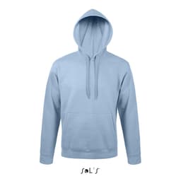 A unisex hoodie in light blue featuring a kangaroo pocket and a hood, made from 50% ringspun cotton and 50% polyester.