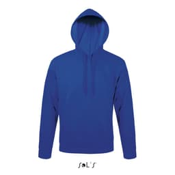 A unisex hoodie in a vibrant blue colour, featuring a fleece lining and a hood. It has a logo at the bottom.