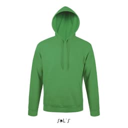 A unisex green hoodie with a fleece lining, featuring a front pocket and a hood. It has a brand logo.