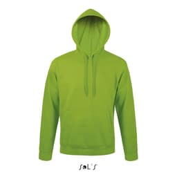 A vibrant green unisex hoodie made from 50% ringspun cotton and 50% polyester with a fleece lining. It has a logo.