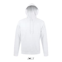 A white unisex hoodie made of 50% ringspun cotton and 50% polyester, featuring a fleece lining and a front pocket.
