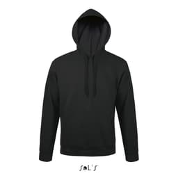 A black unisex hoodie made from 50% ringspun cotton and 50% polyester, featuring a fleece lining and a front pouch pocket.
