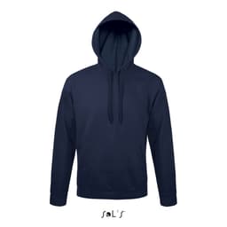 A navy blue unisex hoodie made from 50% ringspun cotton and 50% polyester with fleece lining. It features a logo.