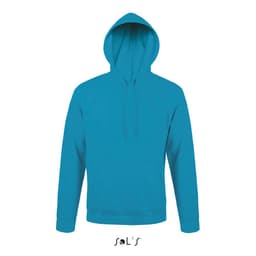 A unisex hoodie in bright turquoise, featuring a hood and fleece lining. It has a logo on the front.
