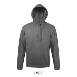 A unisex hoodie in grey featuring a fleece lining, drawstring hood, and a front pocket. It has a logo.