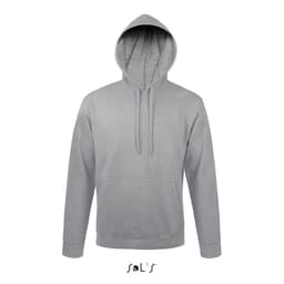 A unisex grey hoodie made from 50% ringspun cotton and 50% polyester, featuring a fleece lining and a front pocket.