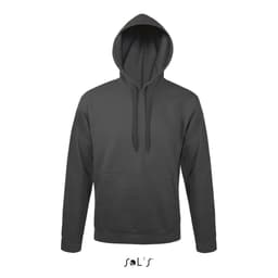 A unisex hoodie in dark grey, made from 50% ringspun cotton and 50% polyester, featuring a fleece lining and a logo.