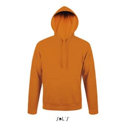 An orange unisex hoodie with a fleece lining and a front pocket. It has a hood and a branding logo at the base.