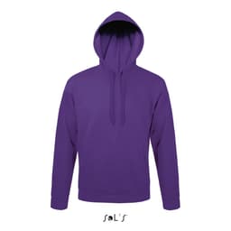 A purple unisex hoodie made from 50% ringspun cotton and 50% polyester, featuring a fleece lining and a logo.