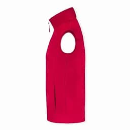 A sleeveless outerwear garment in bright red, featuring a high collar and side zip pockets. It has a simple design with a logo.