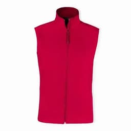 A sleeveless vest in bright red with a full zip closure and a high collar. It features a logo on the front.