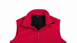A red sleeveless vest with a high collar and black lining, featuring a zip closure. It includes a logo.