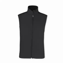 A sleeveless black vest featuring a full zip and high collar, suitable for layering.