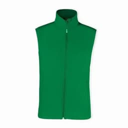 A green sleeveless vest with a high collar and a front zipper. The vest has pockets on the sides and a logo.