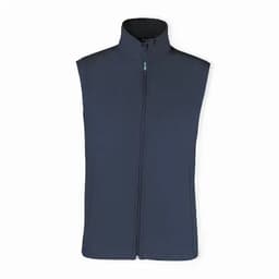A vest in navy blue with a high collar and a full-length zipper, featuring a logo on the chest area.