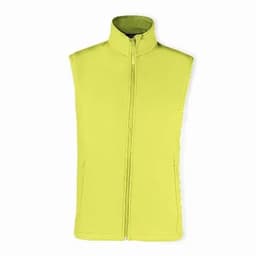 A sleeveless vest in bright yellow with a full zip and side pockets, featuring a collar.