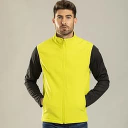 A vest in bright yellow with black sleeves and a front zip, featuring a logo on the chest.