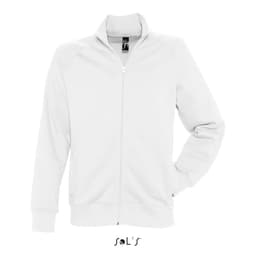 A white zippered jacket made of 50% cotton and 50% polyester, featuring fleece lining and a logo.