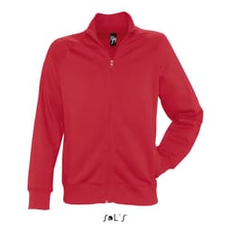 A red zippered jacket made of 50% cotton and 50% polyester with fleece lining. It features a collar and has a logo.