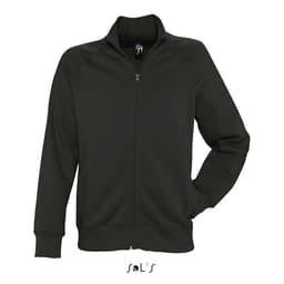 A dark green zippered jacket made of 50% cotton and 50% polyester with fleece lining. Features a branding logo.