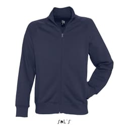 A navy zippered jacket made from 50% cotton and 50% polyester with fleece lining, featuring a logo.