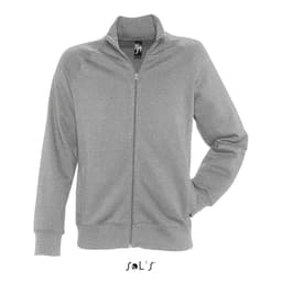A grey zippered jacket made from 50% cotton and 50% polyester with fleece lining. Features a logo.