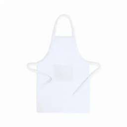 A white apron with neck and waist ties, featuring a front pocket and a simple design.