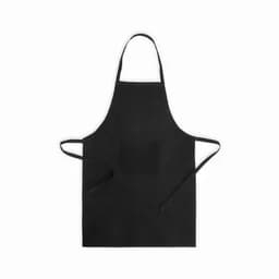 A black apron featuring a central pocket and adjustable ties for fastening.
