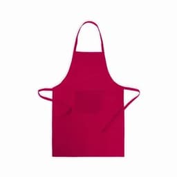 A red apron featuring a front pocket and adjustable neck straps. It has ties on the sides for a secure fit.