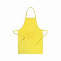 A yellow apron with a pocket and ties at the waist for secure fitting.