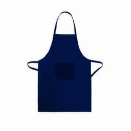 A navy blue apron featuring a front pocket and looped ties for secure fastening.