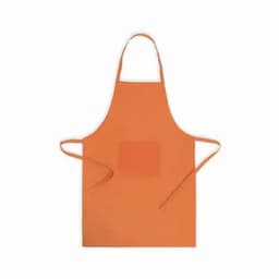 An orange apron with a pocket and ties on the sides, featuring a simple design.