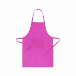 A pink apron featuring a front pocket and ties at the waist. It is plain with no additional logos or branding.