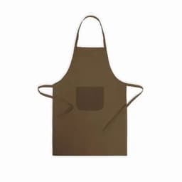 A brown apron featuring a pocket, with ties for securing around the waist. It has a simple design.