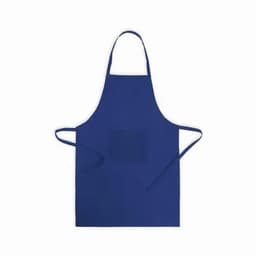 A blue apron with ties and a pocket at the front. The apron has a simple, solid design.