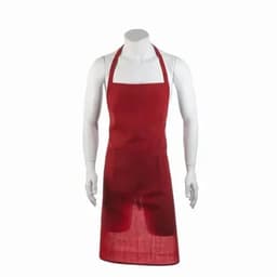 A red apron is displayed on a mannequin, featuring two front pockets and adjustable straps.