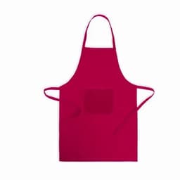 A red apron with straps and a front pocket. The apron has a simple design and features a logo.