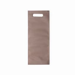 A promotional gift bag in a muted taupe colour, featuring a cut-out handle at the top.