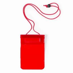 A red waterproof pouch with a cord strap for carrying items. It features a secure closure and a branding logo.