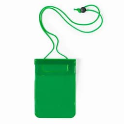 A green waterproof pouch with a lanyard for easy carrying. It features a secure closure.